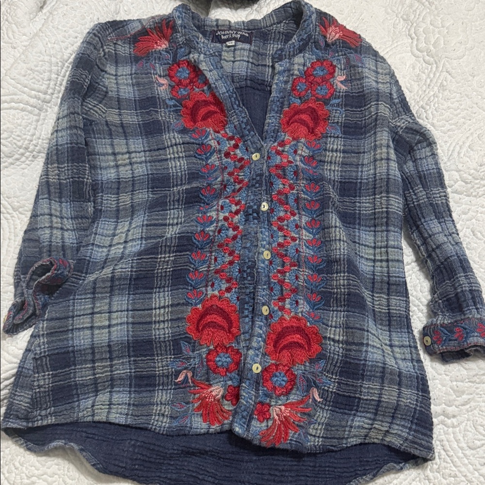 Johnny Was Navy Plaid Shirt with Red Embroidery